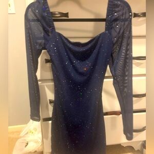 Navy Blue Sparkly Mini Dress Long Sleeve Criss Cross Rhinestone Back